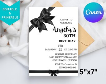 30th Birthday Invitation, Black Bow, Elegant Coquette (Digital File)