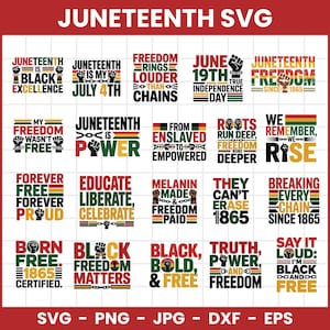 May include: A selection of Juneteenth SVG designs featuring slogans in red, green, black, and yellow. The designs include phrases such as "Black Excellence," "Freedom Rings," and "Educate, Liberate, Celebrate."