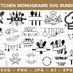 Puede incluir: Una colección de diseños SVG en blanco y negro con temática de cocina. La imagen presenta varias ilustraciones de utensilios de cocina, gorros de chef y elementos decorativos. El texto "KITCHEN MONOGRAMS SVG BUNDLE" está en la parte superior, con opciones de tipo de archivo en la parte inferior.