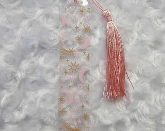 Pink Celestial Acrylic Bookmark, Moons & Stars, Bookish gift, Bookmarks, Handmade Gift, Gift for readers, Bookworm, Book Accessories