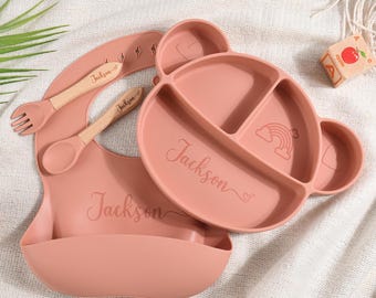 Personalized Silicone Weaning Set,Feeding Set with Name,Eco-Friendly,Baby Plate,Baby Shower Gift,Custom Baby ,PlateEngraved Weaning Set