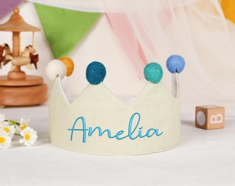 Personalized Linen First Birthday Crown, Embroidered Name Crown, Kids Birthday Party Decor, Baby Keepsake Gift