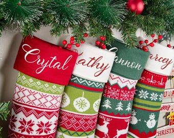 Knitted Christmas Stockings, Name Embroidered Christmas Stocking,Knit Personalized Family Stockings,Custom Knitted Christmas Stockings