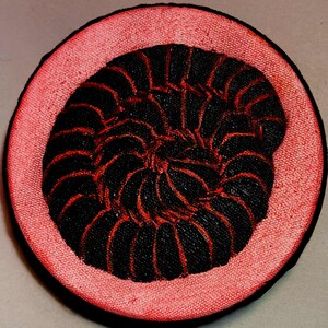 Può includere: Un oggetto decorativo circolare nero e rosso. Il centro presenta un design a spirale nero con dettagli rossi. Il bordo esterno è rosso strutturato, creando un contrasto sorprendente. Probabilmente un sottobicchiere o un pezzo decorativo.
