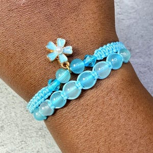 Handmade Macrame Bracelet Stack, Woven Beaded Boho Wristband, Flower Charm, Crystal Accents