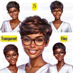 May include: Digital illustration of five women with short brown hair wearing white scrubs and glasses. The women are smiling and looking at the camera. The image is labeled "5" in the top center.