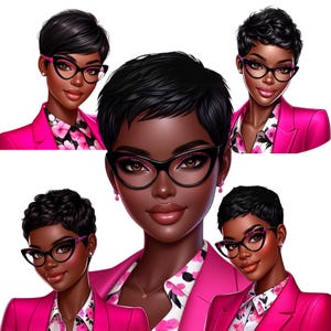 Pode incluir: Quatro ilustrações de mulheres com cabelo preto curto vestindo blazers rosa com padrões florais e óculos de sol de olho de gato. Todas as mulheres estão sorrindo e olhando para a câmera.