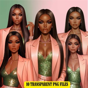 Sophisticated Black Woman PNG | Empowered Black Woman Digital Clipart | AKA Sorority | Salmon Pink and Apple Green png | AKA Woman 1908