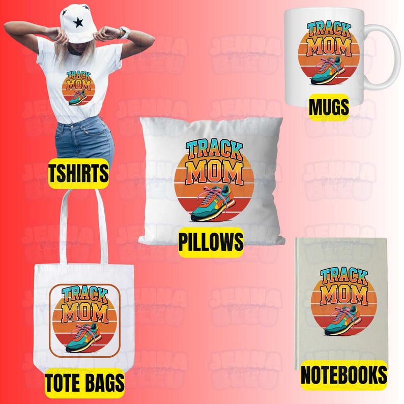 Peut inclure: Divers articles avec le design "Track Mom". L'ensemble comprend un t-shirt blanc, une tasse blanche, un coussin blanc, un sac fourre-tout blanc et un carnet. Le design pr&eacute;sente une chaussure de course dans un cercle de coucher de soleil avec le texte "Track Mom".