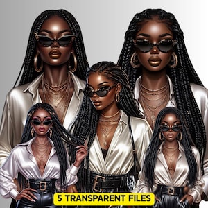 May include: Digital artwork showing five illustrations of women with long, braided black hair, wearing sunglasses, gold jewellery, and white satin shirts. The text "5 TRANSPARENT FILES" is at the bottom.