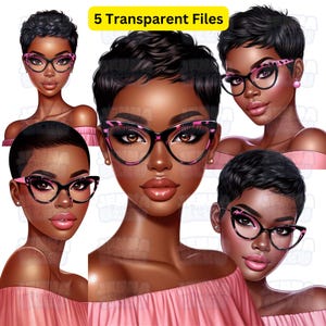 Puede incluir: Cinco ilustraciones digitales de una mujer con el pelo negro corto que lleva gafas de ojo de gato rosa y negro. La mujer lleva un top rosa de hombros descubiertos. 5 archivos transparentes.