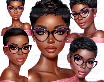 Pixie Cut Beauty with Glasses Clipart | Black Woman PNG for Sublimation | African American Digital Download for Crafts | Sophisticated Lady