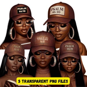 以下が含まれることがあります： 4人の肌の色が茶色の女性が、前面に「PSALM 46:10」と書かれた茶色の野球帽をかぶっているデジタルイラスト。それぞれの女性は大きなフープイヤリングを着けており、髪型が異なります。