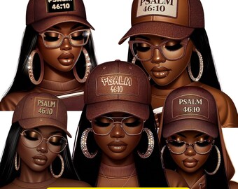 May include: Digital illustration of four women with brown skin wearing brown baseball caps with the text "PSALM 46:10" on the front. Each woman is wearing large hoop earrings and has a different hairstyle.