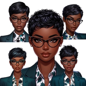 Pode incluir: Quatro ilustrações de mulheres com penteados curtos negros usando diferentes estilos de óculos. Cada mulher está usando um blazer verde com um padrão floral branco.