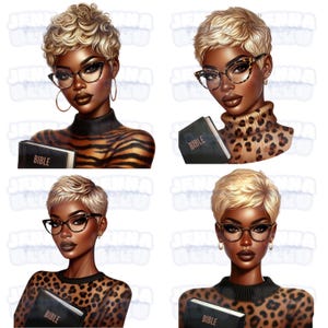 May include: Four digital illustrations of a woman with short blonde hair wearing glasses and a leopard print top. Each image features the woman holding a book with the word "BIBLE" printed on the cover.