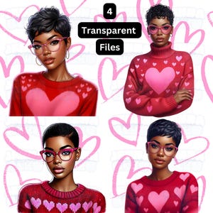 May include: Four digital illustrations of a person with short, curly black hair wearing pink glasses and a red sweater with pink hearts. The background is white with pink hearts.
