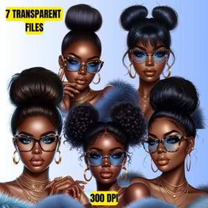 Light Blue Black Woman of Color Clipart | Stylish Digital Art of Glamorous Woman | Afrocentric Fashion | Wall Art Decor | Printable Portrait
