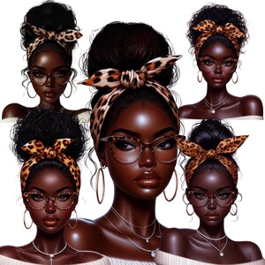 Verfijnde donkere huid zwarte vrouw clipart met hoge knot | Elegante off-shoulder trui en sjaal met dierenprint, png | Luxe digitale kunst