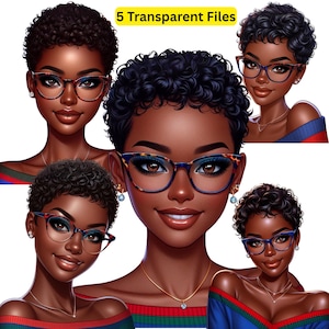 Pode incluir: Cinco ilustrações digitais de uma mulher com cabelo curto, encaracolado e preto, usando óculos e um suéter listrado colorido.