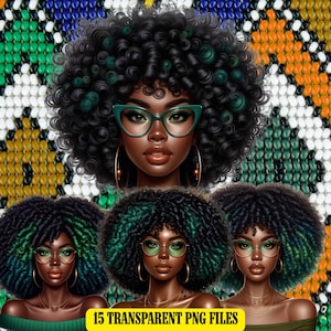 Green Glam Black Woman with Voluminous Afro PNG | Trendy Afro Wall Art for Melanin Queen | Afrocentric Digital Art | Colorful Afro Wall Art