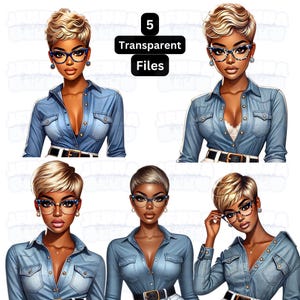 Op de afbeelding: Vijf digitale illustraties van een vrouw met blond haar die een blauw denim shirt, jeans en een bril draagt. De illustraties zijn in verschillende poses en hoeken.