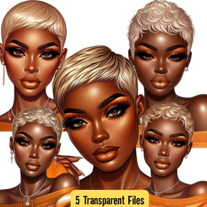 Könnte beinhalten: Digitale Kunst mit fünf stilisierten Porträts von Frauen mit kurzen, blonden, welligen Haaren. Jedes Porträt hat dramatisches orange-braunes Augen-Make-up und volle Lippen. Die Frauen tragen orangefarbene Oberteile und Schmuck. Der Text "5 Transparent Files" befindet sich unten.