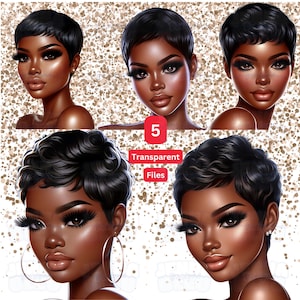 Puede incluir: Cinco ilustraciones digitales de una mujer negra con el pelo corto y rizado. La mujer lleva maquillaje y tiene una expresión neutral. El fondo es un patrón de purpurina dorada.