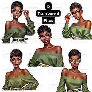 Mulheres Negras de Alto Padrão em Arte Verde | Clipart de Mulheres Afro-Americanas Chiques | Corte Pixie Elegante PNG | Clipart de Cabelo Curto Sofisticado | Arte Verde