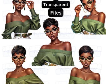 High-End Black Women in Green Art | Chic African American Women Clipart | Classy Pixie Cut PNG| Sophisticated Short Hair Clipart | Green Art