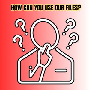 Peut inclure: Illustration graphique d'une personne avec une t&ecirc;te circulaire, une main touchant le visage et des points d'interrogation. Le texte "HOW CAN YOU USE OUR FILES?" est en haut, sur un fond d&eacute;grad&eacute; rouge et blanc.
