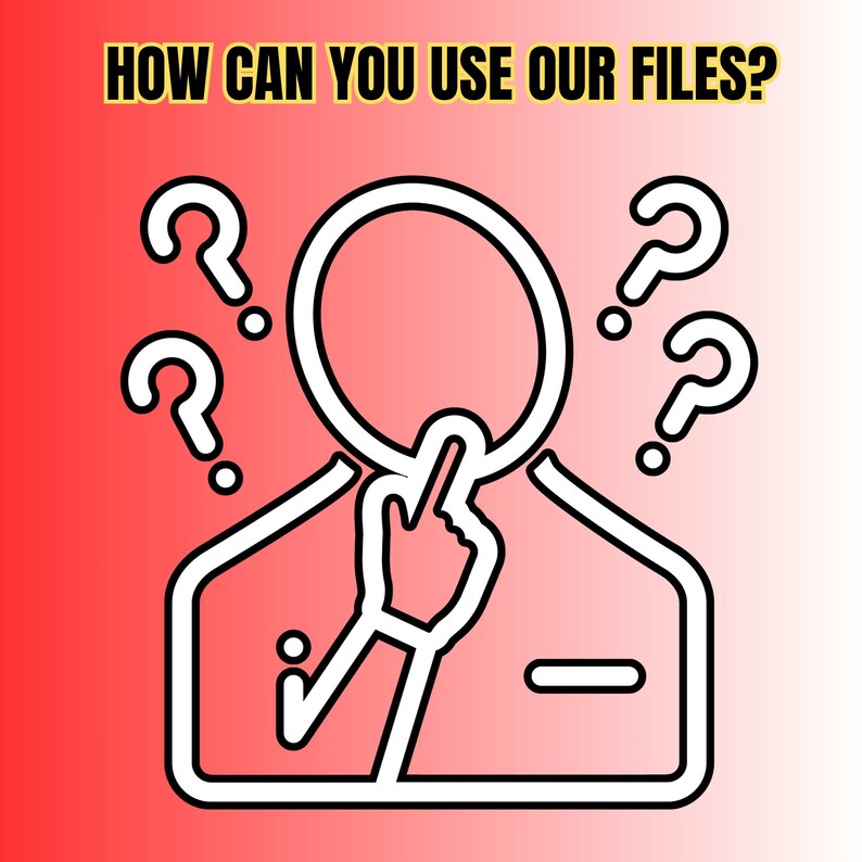 Peut inclure: Illustration graphique d'une personne avec une t&ecirc;te circulaire, une main touchant le visage et des points d'interrogation. Le texte "HOW CAN YOU USE OUR FILES?" est en haut, sur un fond d&eacute;grad&eacute; rouge et blanc.