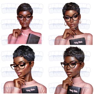 May include: Four digital illustrations of a woman with short black hair wearing glasses and a pink sweater. Each woman is holding a closed book with the words "Holy Bible" on the cover.