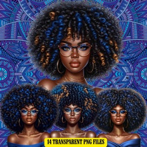 Blue Glam Black Woman with Voluminous Afro PNG | Trendy Afro Wall Art for Melanin Queen | Afrocentric Digital Art | Blue Afro Wall Art