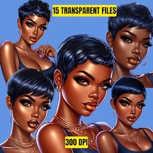 May include: Digital art featuring multiple illustrations of a woman with dark skin, short black hair, and glamorous makeup. The images are set against a blue background, with text that reads "15 TRANSPARENT FILES" and "300 DPI". The woman is wearing a blue top and gold jewelry.