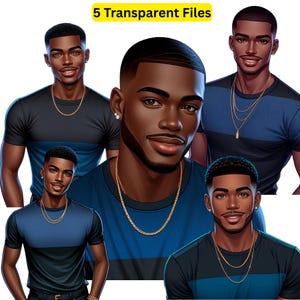 May include: Five digital illustrations of men with short, dark hair. Each man is wearing a blue and black striped t-shirt with a gold chain necklace. The men are looking at the camera.