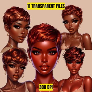 May include: Digital art featuring five stylized portraits of women with short, wavy auburn hair. Each portrait has detailed facial features, including full lips, long eyelashes, and gold jewelry. The image includes the text "11 TRANSPARENT FILES" and "300 DPI".