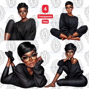 May include: Four digital illustrations of a woman with short black hair wearing black clothing and glasses. The woman is shown in different poses, including sitting with her legs crossed, lying on her stomach, and sitting with her legs crossed. The background is a white pattern.