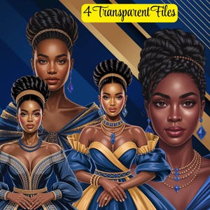 Royal African American Woman Digital Art | Blue & Gold Afrocentric Princess Wall Decor | Melanin Queen Printable Art | Nubian Queen Art