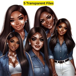 以下が含まれることがあります： 長くて黒い髪と白斑のある肌を持つ女性5人のデジタルイラスト。デニムシャツと白いトップスを着ています。「5 Transparent Files」というテキストが上部の黄色の長方形にあります。