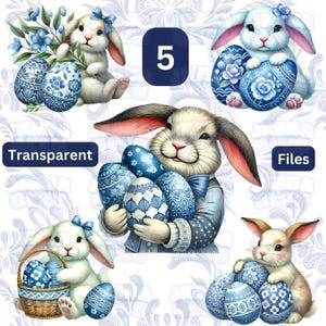 Easter Bunny Blue Toile PNG, Blue Floral Chinoiserie Bunny Png, Toile Blue Easter Eggs, Easter Clipart Toile, Bunny Toile Clipart