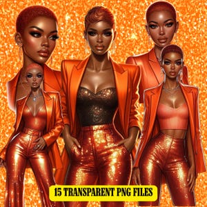 Lantejoulas Glamourosas de Alta Moda Laranja, Mulher Negra Sofisticada PNG | Download Digital de Mulher Negra com Cabelo Laranja e Dourado em Tons de Cobre | Alta Moda