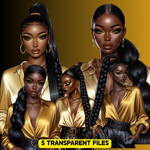 May include: Digital artwork of five women with dark skin, dressed in gold satin shirts and black trousers. They have long black hair in ponytails and braids, with gold eye makeup and jewellery. The text "5 TRANSPARENT FILES" is at the bottom.