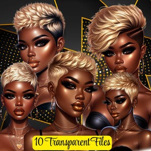 May include: Digital art featuring five stylized portraits of women with short, blonde hairstyles and dark skin. They wear gold jewelry and have dramatic makeup. A yellow banner at the bottom reads "10 Transparent Files". The background is black with gold accents.