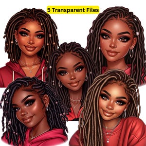 Puede incluir: Ilustración digital de cuatro mujeres con piel morena, que llevan camisas rojas y rastas largas negras y marrones. Cada mujer tiene un peinado y una expresión facial diferentes. El texto "5 Transparent Files" está en la parte superior de la imagen.