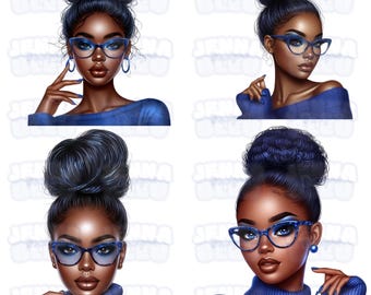 Sophisticated Black Woman Illustration Stylish Afrocentric Digital Art Black Woman Clip Art African American Women Clip Art with Glasses
