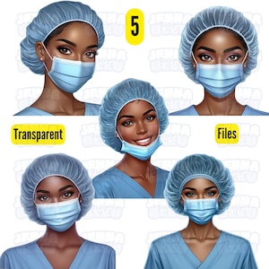 May include: Five digital illustrations of a person wearing a blue surgical cap and a blue surgical mask. The person has dark skin and is wearing a blue surgical scrub top. The illustrations are in a transparent format.