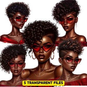 Peut inclure: Illustration numérique de cinq portraits de femmes à la peau foncée, aux cheveux bouclés et aux lunettes de soleil rouges. Elles portent des hauts rouges épaules nues et des bijoux dorés. Le texte "5 TRANSPARENT FILES" est en bas.
