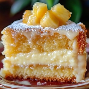 May include: A slice of layered cake with a creamy filling and a glaze, topped with diced yellow pineapple and powdered sugar. The cake has a golden-brown crust and is presented on a decorative plate, showcasing a dessert.