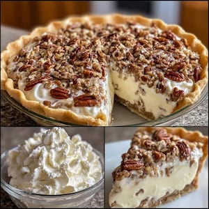 Peut inclure: Une tarte aux noix de pécan entière avec une part retirée, révélant une garniture crémeuse et une croûte feuilletée. La tarte est garnie de noix de pécan hachées et de moitiés de noix de pécan entières. Un petit bol de crème fouettée et une seule part de tarte sont également présentés.